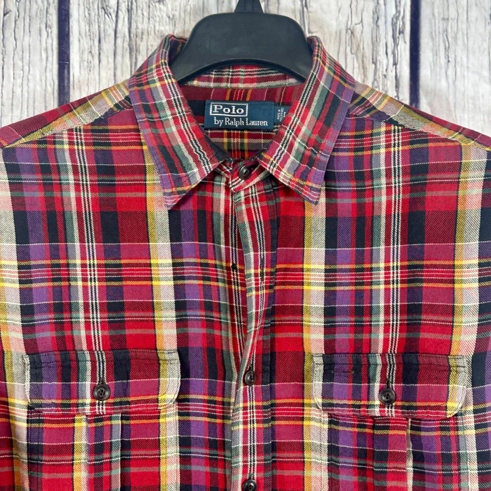 Polo Ralph Lauren Mens‎ Large Plaid Button Down Shirt Red Long Sleeve Lined VTG